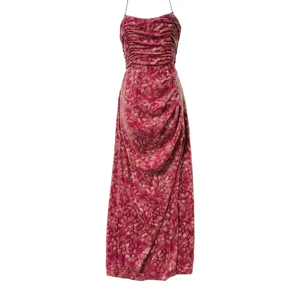 Hutch X Anthropology Maxi Dress Sz 4 Luxe Pink Floral Sequin Ruched Gown  Formal